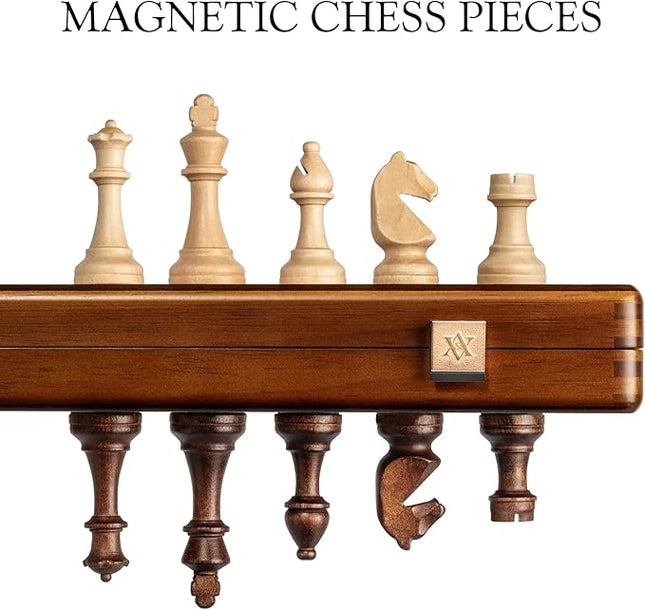 A&A 15" Magnetic Wooden Chess Set, Handmade 3" King Height Knight Staunton Chess Pieces with 2 Extra Queen, Folding Portable Travel Game Set