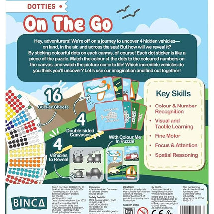 BINCA Dotties Dot Art Activity Kit - On the Go, 750+ Stickers, Vehicles Mess-Free Activities, DIY Dot Sticker Art for Toddlers, Kids Travel Activities, Craft Kits & Gifts for Boys & Girls Ages 4,5,6,7