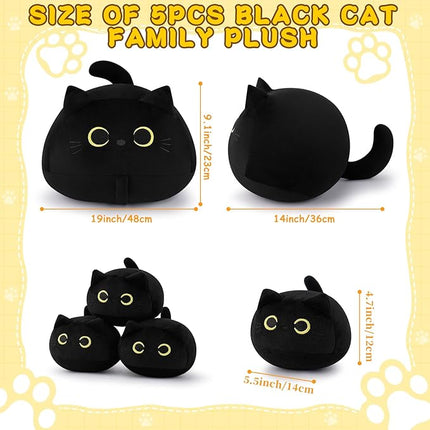 Auspicious beginning 19'' Black Cat Plush 5PCS Cat Family PlushToys,Cute Black Cat Mommy Cat with 4 Baby Kittens Cat Plushies for Kids, Kawaii Birthday Gifts for Kids Boys Girls