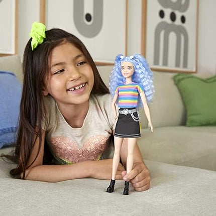 Barbie Fashionistas Doll with Long Blue Crimped Hair, Star Face Makeup, Multi-Color Striped Tee, Denim Skirt, Black Boots & Silvery Chain Belt, Toy for Kids 3 to 8 Years Old