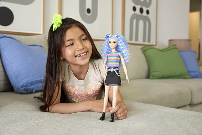 Barbie Fashionistas Doll with Long Blue Crimped Hair, Star Face Makeup, Multi-Color Striped Tee, Denim Skirt, Black Boots & Silvery Chain Belt, Toy for Kids 3 to 8 Years Old