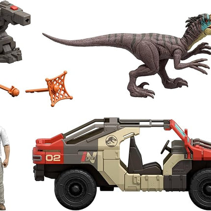 Mattel Jurassic World Rebirth Vehicle with 1 Human & 1 Dinosaur Figure, Launch ‘N Battle Truck, Martin Krebs Figure & Raptor, Turret & 2 Projectiles