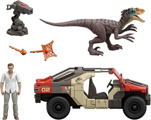 Mattel Jurassic World Rebirth Vehicle with 1 Human & 1 Dinosaur Figure, Launch ‘N Battle Truck, Martin Krebs Figure & Raptor, Turret & 2 Projectiles