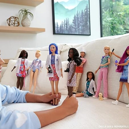 Barbie Careers Fashion Doll & Accessory, Scientist with Blue Hair Wearing Lab Coat & Flats with Microscope