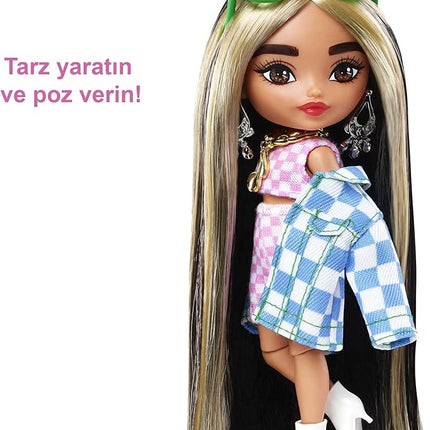 Barbie Extra Minis Doll #2 (5.5 in) Wearing Checkered 2-Piece Fashion & Jacket, with Doll Stand & Accessories Including Shutter Sunglasses and Boombox, Gift for Kids 3 Years Old & Up