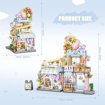 Street View Flower House Shop Mini Building Blocks, MOC Creative Building Toys Cute Panda Building Set for Girls 6-12, Simulation Architecture Construction Toy, Gift Idea for Kids Adults (854 PCS)