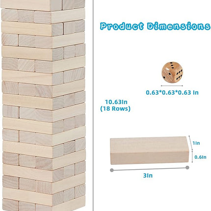 SpeedArmis Mini Tumble Tower, 54PCS Wooden Stacking Game for Teens - Pine Stack Timber Board Games with 4 Dice Set - Classic ‌Xmas Gifts for Teens