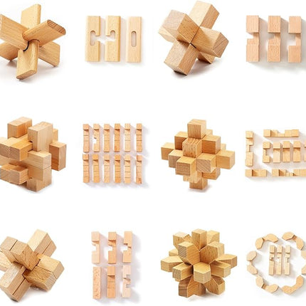 VolksRose 15pcs Wooden Brain Teaser Puzzles, IQ Challenge Puzzle Games, Logic Mind Puzzle Box Lock Toy Disentanglement 3D Small Brain Puzzle Gift Set for Adults Teenagers Kids, 1.8inch 4.5cm