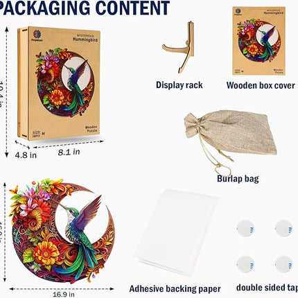 Unique Wooden Puzzles for Adults, Hummingbird Puzzle 500 Pieces 16.9" x 16.9", Animal Shaped Wood Puzzles Adult Brain Teasers, Wooden Jigsaw Puzzles, Family Games for Kids and Adults