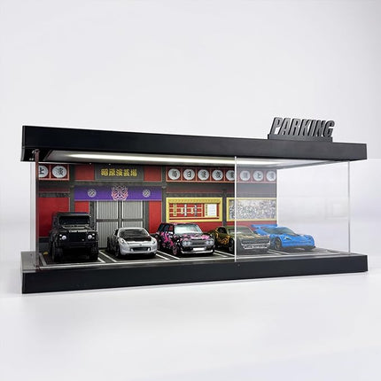 1/64 Model Car Display Case - Compatible with Hot Wheels Matchbox Mini GT Diecast Cars,Acrylic Box for Toy Cars Display Décor and Storage,Stackable Garage Diorama with LED Lights(1T-JPTheater)