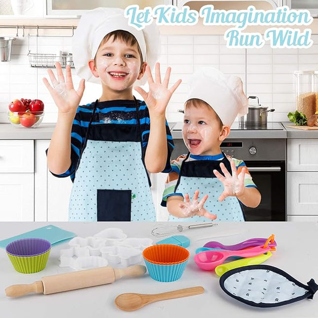 Vanmor Kids Basic Cooking and Baking Sets, 26 Pcs Toddler Baking Sets with Kids Chef Hat and Apron for Girls Boys Dress Up Chef Costume Career Role-Playing Toys for 3456 Years Old Girl Boys Gifts