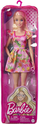 Barbie Fashionistas Doll, with Blonde Hair & Fruit Print Dress, Ruffled Sleeves, Orange Platform Heels, Pink Eyeglasses, Toy for Kids 3 to 8 Years Old