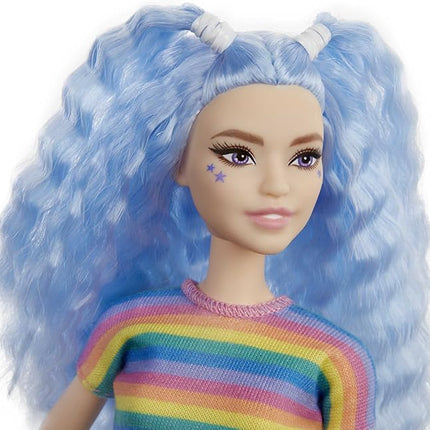 Barbie Fashionistas Doll with Long Blue Crimped Hair, Star Face Makeup, Multi-Color Striped Tee, Denim Skirt, Black Boots & Silvery Chain Belt, Toy for Kids 3 to 8 Years Old