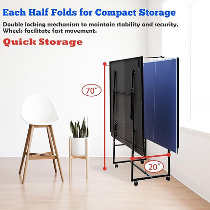 Table Tennis Table Mid-Size, Foldable Ping Pong Table Top Full Size with 2 Paddles, 2 Balls, 1 Net & 4 Wheels, Folding Table Tennis for Indoor & Outdoor, Quick Assembly to Support Multiplayer