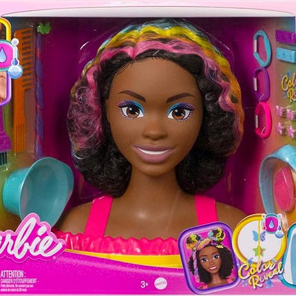 Barbie Totally Hair Styling Doll Head & 20+ Accessories, Color Reveal & Color-Change Pieces, Curly Brown Neon Rainbow Hair