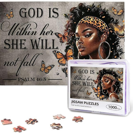 African American Jigsaw Puzzles 1000 Pieces for Adults, Psalm 46:5 Bible Verse, Inspirational Black Woman Wooden Puzzle for Stress Relief & Home Decor