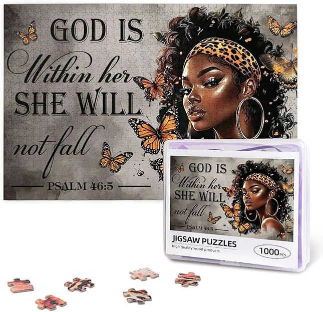 African American Jigsaw Puzzles 1000 Pieces for Adults, Psalm 46:5 Bible Verse, Inspirational Black Woman Wooden Puzzle for Stress Relief & Home Decor