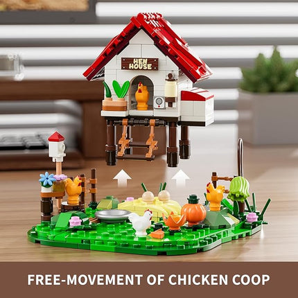FUNWHOLE Farm Hen-House Lighting Building-Bricks Set - Farm Life Chicken Henhouse and Animal Collection LED Light Construction Building Model Set 323 Pcs for Adults and Teen