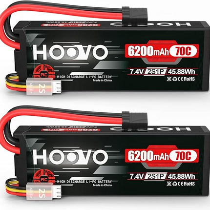 HOOVO 7.4V 70C 6200mAh 2S Lipo Battery Hard Case with Tracxas Plug for RC Car RC Helicopter RC Truck RC Truggy Airplane Quadcopter UAV Drone FPV (2 Packs