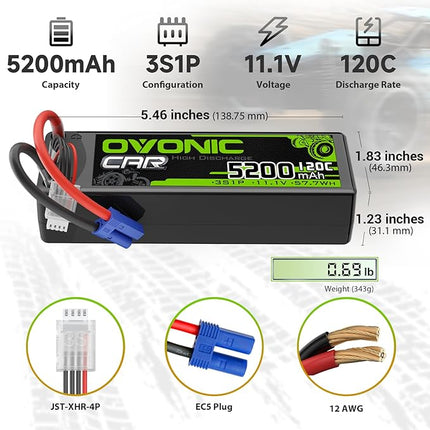OVONIC 3S LiPo Battery 11.1V 5200mAh 120C with EC5 Plug for RC Car RC Truck Airplane Helicopter Boat Car Racing RC Hobby (2 Packs)(with Lipo Voltage Checker)