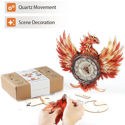 3D Wooden Puzzles for Adults, 3D Puzzle Fire Phoenix Clock Kit (with Pendulum), 3D Puzzles for Adults Teens Home Wall Decor Clock Puzzle Gifts for Adult