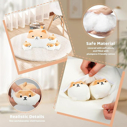Shiba Inu Plush Pillow 16 Inches with Four Shiaba Babies in Mommy‘s Belly, Super Soft Cartoon Dog Stuffed Animal Shiba Inu Plush Gifts for Kids Birthday