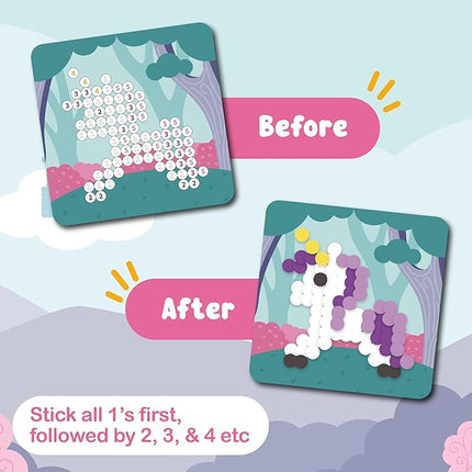 BINCA Dotties Dot Art Activity Kit, 1500+ Stickers, 8 Unicorns & Princesses Mess-Free Activities, DIY Dot Sticker Art for Toddlers, Kids Travel Activities, Craft Kits & Gifts for Girls Ages 4,5,6,7