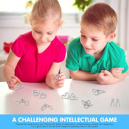 Metal Wire Puzzle 16-Piece Set with Pouch – IQ Test Brain Teaser Disentanglement Chinese Ring Fidget Toy for Kids & Adults – Portable Party Favor