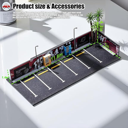1/64 Diorama Garage, Garage and Display Case for Model Car, Scenic Diorama Display Car Park with 2 LED Street Lamps and 5 Outdoor Parking Spaces (American-Style Garage)