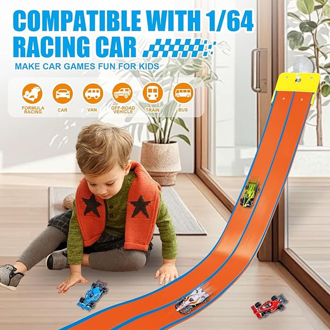 Flexible Race Track Toys for Kids 15 Ft with 4 Cars & Suction Cups, Portable Double Lane Racetrack Compatible with Hot Wheels & 1/64 Diecast Cars, Fun Car Ramp Track Set for Ages 3+(Orange & Blue)