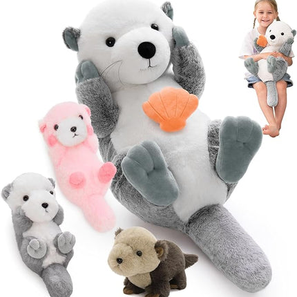MorisMos 5Pcs Sea Otter Stuffed Animal with Babies,23.6'' Giant Mommy Stuffed Otter Toy with 3 Babies & Plush Seashell, Boy Girl Sea Animal Toys for Kids 3-5 Birthday Christmas Decor