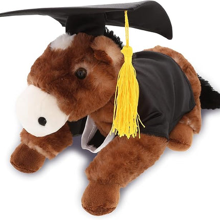 DolliBu Lying Brown Horse Graduation Plush Toy - Soft Graduation Stuffed Animal Dress Up with Gown & Cap with Tassel Outfit - Gift with Personalization - 10.5" Inches