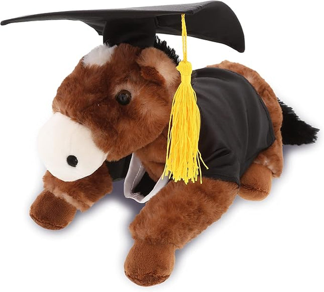 DolliBu Lying Brown Horse Graduation Plush Toy - Soft Graduation Stuffed Animal Dress Up with Gown & Cap with Tassel Outfit - Gift with Personalization - 10.5" Inches