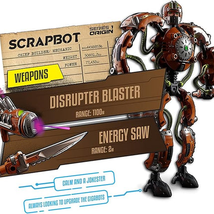Giga Bots - SCRAPBOT | Energy Core Transforms Into 13 Inch Action Figure | Chief Builder & Mechanic | Unique Toy Combat Attachments and Skills | Includes 33 Buildable Pieces