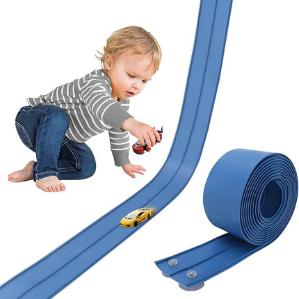 15 Ft Flexible Race Track for Kids with Hot Wheels, Matchbox with Suction Cups Compatible, Diecast 1/50th Toy Cars Rolls Up Portable Race Track Cobalt Blue