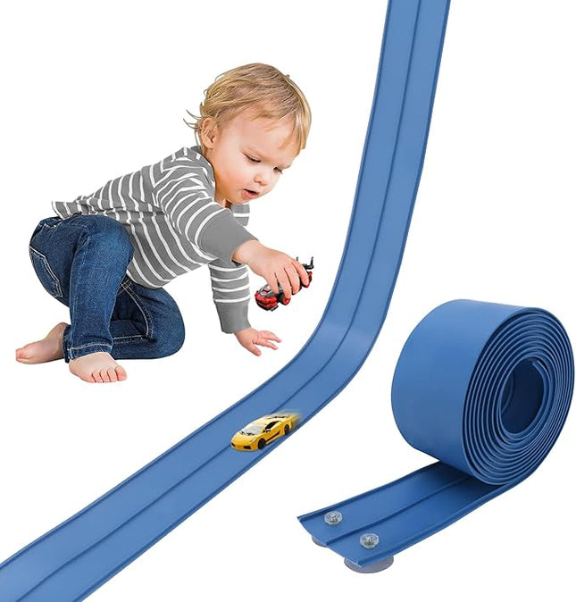 15 Ft Flexible Race Track for Kids with Hot Wheels, Matchbox with Suction Cups Compatible, Diecast 1/50th Toy Cars Rolls Up Portable Race Track Cobalt Blue