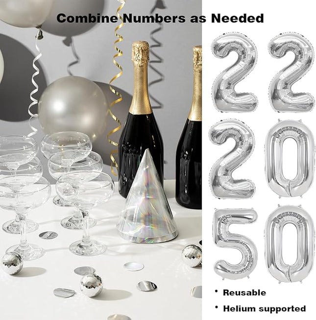 Smlpuame 40 Inch Number 2 Balloons Silver, 4pcs Huge Foil Balloon Numbers 2 0 2 5 for 2nd 5th 20th 25th 50th Birthday Anniversary Graduation Class of 2025 Party Decorations Supplies