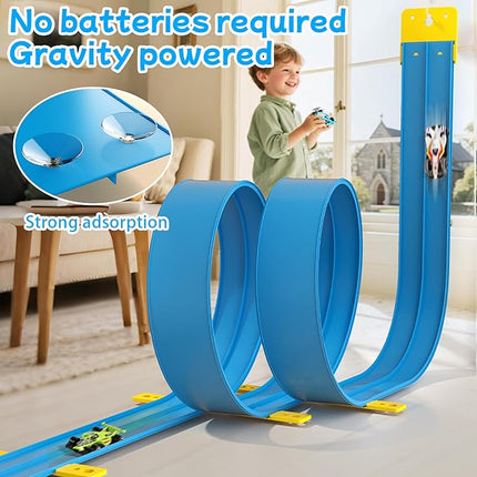 Ancaixin Flexible Race Track 17Ft Toys for Kids, Car Track with 4 Small Racecars Compatible with Hot Wheels and Diecast 1/64th Cars, Rolls Up Portable Racetrack, Birthday Gifts for Boys Girls Ages 3+