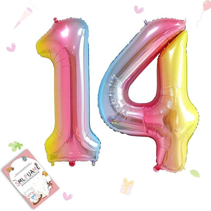 Smlpuame 40 Inch Number Balloons 0-9 Rainbow Gradient Large Number 14 Balloons, Digital Balloons for Birthday Party Celebration Decorations, Helium Foil Number Balloons for Wedding Anniversary