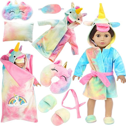 American 18 inch Doll Clothes and Sleeping Bag Set - Rainbow Unicorn Doll Costume with Unicorn Style Sleeping Bag, Pillow, Eye Mask Slumber Party Accessories Fits 18 Inch (NO Dolls)