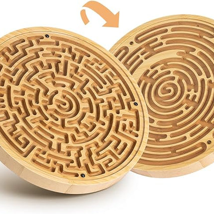 Wooden Labyrinth Board Game with Two Versions of Upgraded Circular Marble Maze with Two-Sided Design, 2-in-1 Puzzle Maze with Two Metal Balls, Brain Teaser Game for Children, Teenagers, and Adult