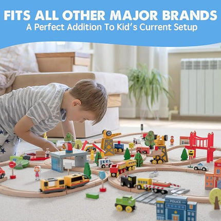 Tiny Land 55PCS Wooden Train Set - Compatible with Major Brand Tracks, Educational Toy for Toddlers & Kids Ages 3-7, Durable Wooden Railway Tracks