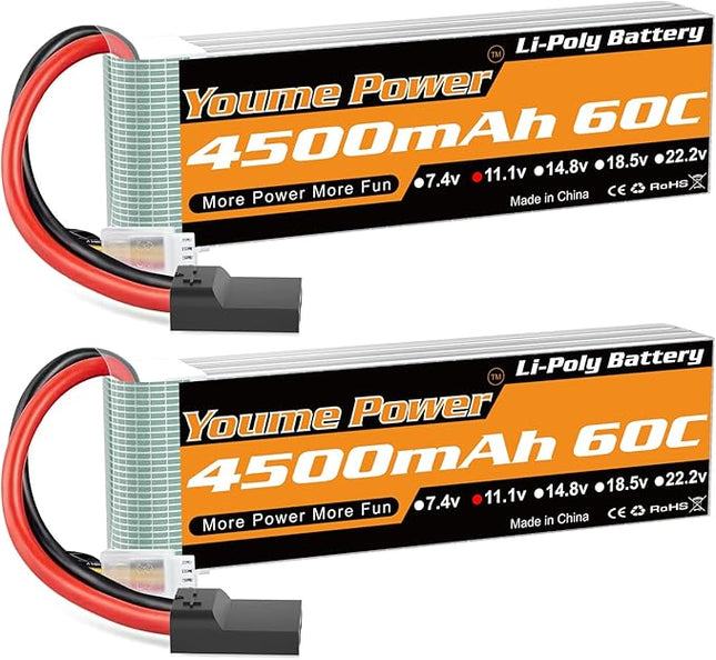 Youme 11.1V Lipo Battery 4500mAh,3S RC Lipo Batteries 60C Tr Plug for 1/10 RC Car/Truck/Truggy,RC Airplane Quadcopter Drone Helicopter Boat Models(2 Packs)