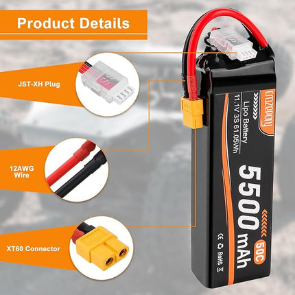 Crazepony 3S Lipo Battery 5500mAh 11.1V 50C RC Battery with XT60 Connector for RC Car Truck Airplane Helicopter Plane Quadcopter Boat Racing