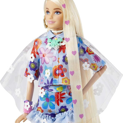 Barbie Extra Doll and Accessories with Extra-Long Blonde Hair Wearing Floral Outfit & Poncho with Pet Bunny