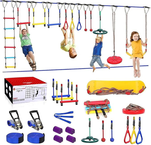Ninja Warrior Obstacle Course for Kids Backyard,Fast-Setup Buckles—Up to 880 lbs,2x65ft Slack Lines with 13 Ninja Accessories-Swing Seat,Disc Swing,Ninja Wheel,Rope Ladder,Ninja Ring,Arm Trainer