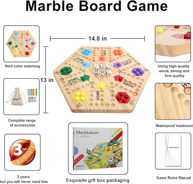Medikaison Original Marble Game Wahoo Board Game Double Sided Painted Wooden Fast Track Board Game for 6 and 4 Players 6 Colors 24 Marbles 6 Dice for Family Friends