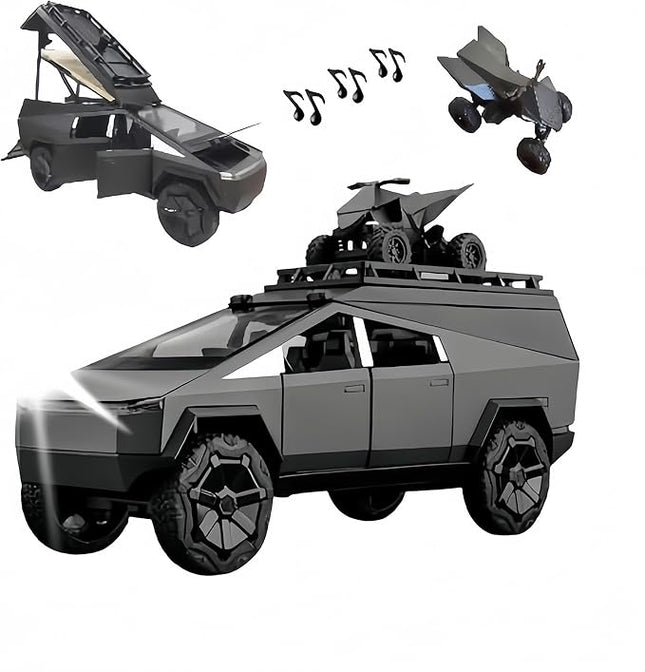 1:24 Camping RV Car Model Toys, Pickup Trailer RV Metal Pick-Up Truck Trailer Toy with Motorcycle Pickup Truck Model with Sound Light Pull Back and Super Realistic Exterior Vehicle Gifts（Dark Grey