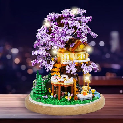 DIY Flower Building Toy Sets Miniature Cherry Blossom Tree House Building Kit, Purple & Yellow Sakura Flowers, Building Blocks Set for Adults & Girls - Bonsai Tree Model with Dust Cover