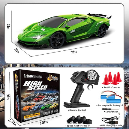 Remote Control Car RC Drift Car 2.4GHz 1:24 4WD 15KM/H High Speed Racing Sport Car with LED Lights Drifting Tire Racing Sport Toy for Adults Boys Girls Kids Gift 2Pcs Rechargeable Batteries